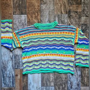 Boutique Rainbow Crochet Sweater Size Medium Boho Chunky Knit Festival Vibes